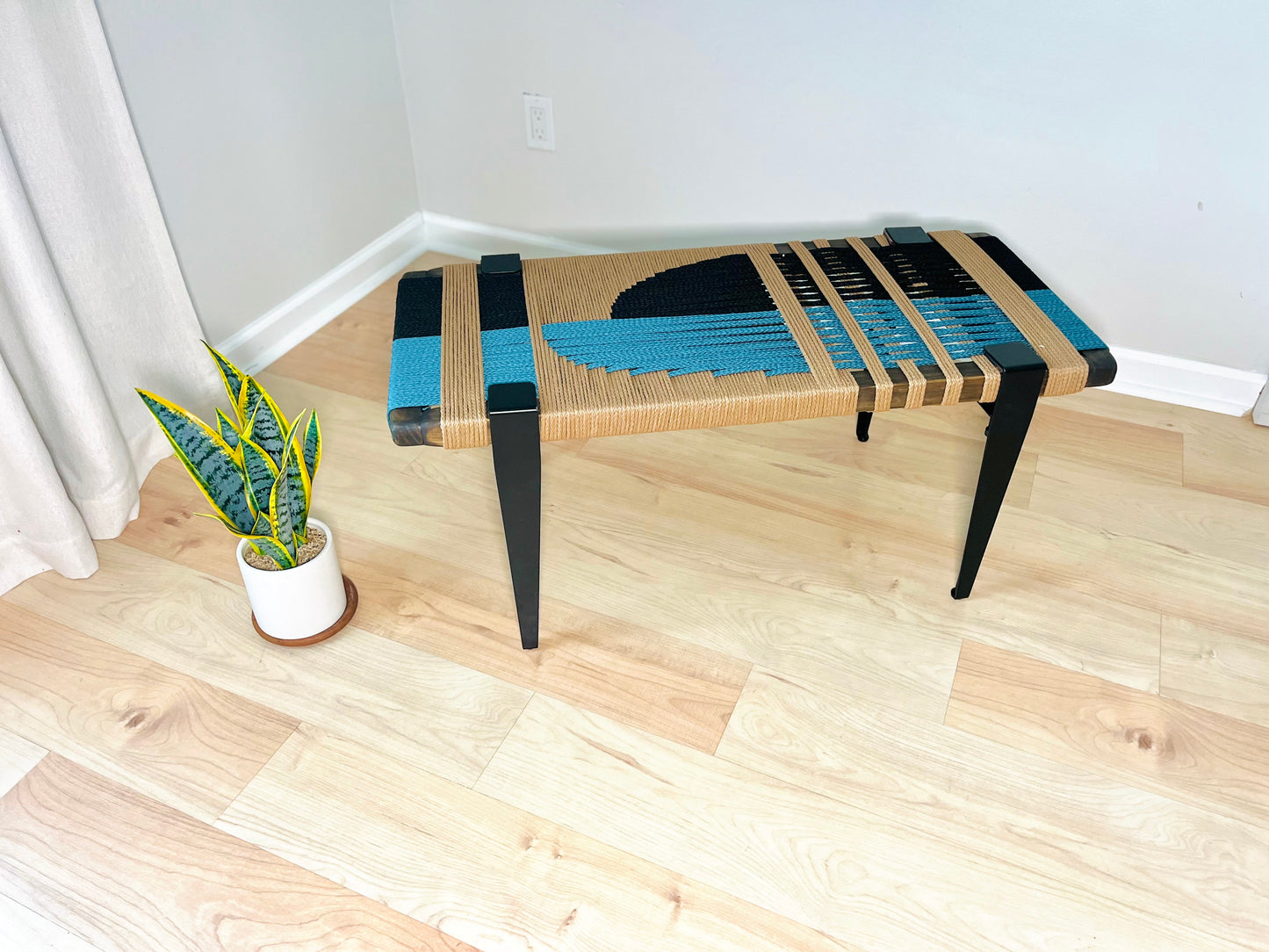 Mid Century Bench | Custom Size Woven Entryway Seating With Matte Black Legs