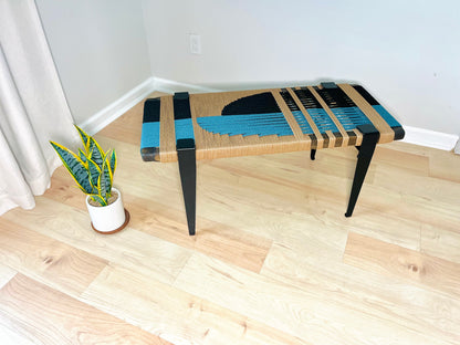 Mid Century Bench | Custom Size Woven Entryway Seating With Matte Black Legs