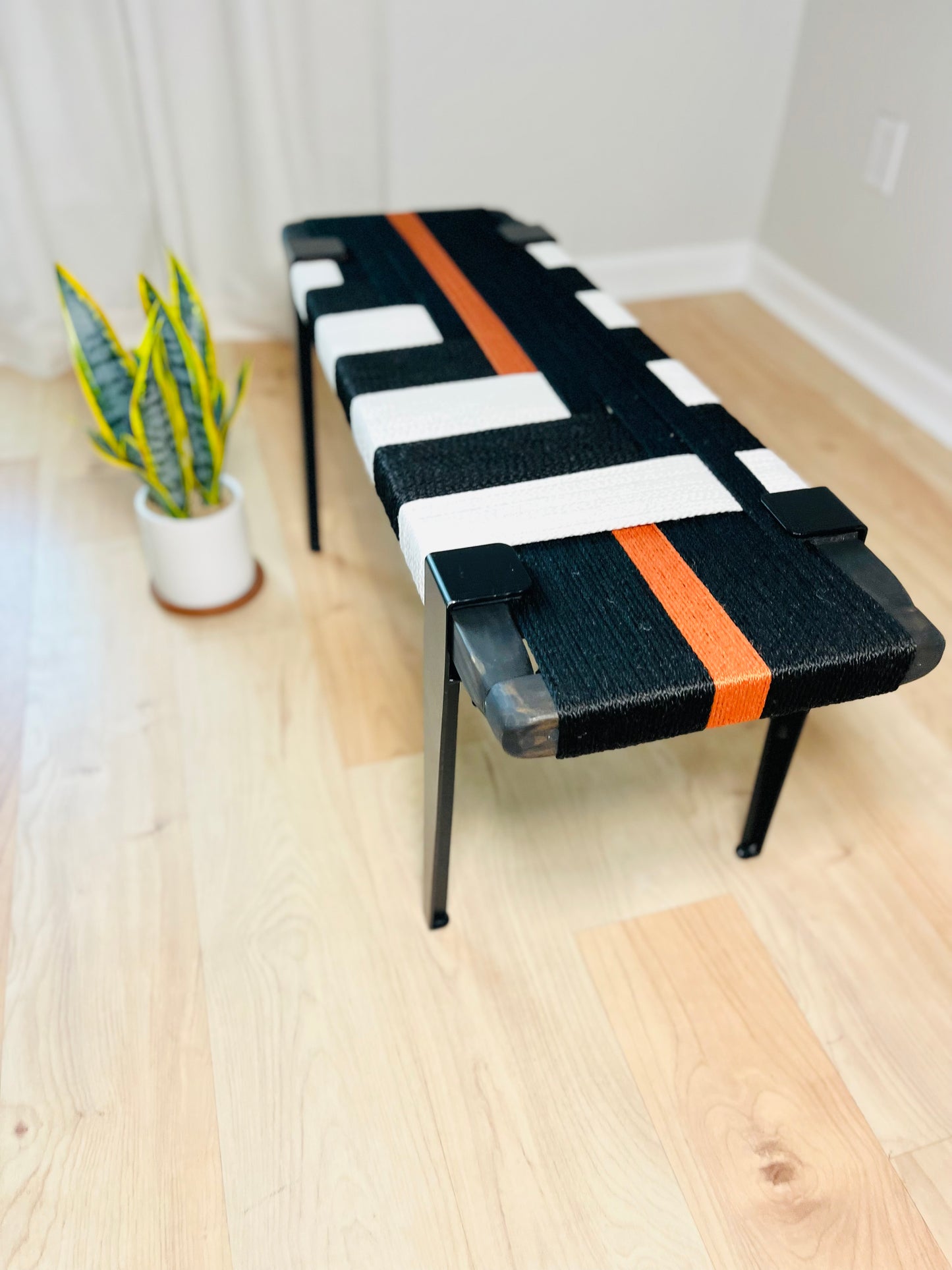 Mid Century Bench | Custom Size Woven Entryway Seating With Matte Black Legs