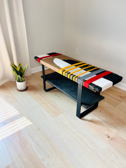 Mid Century Bench | Custom Size Woven Entryway Seating With Matte Black Legs
