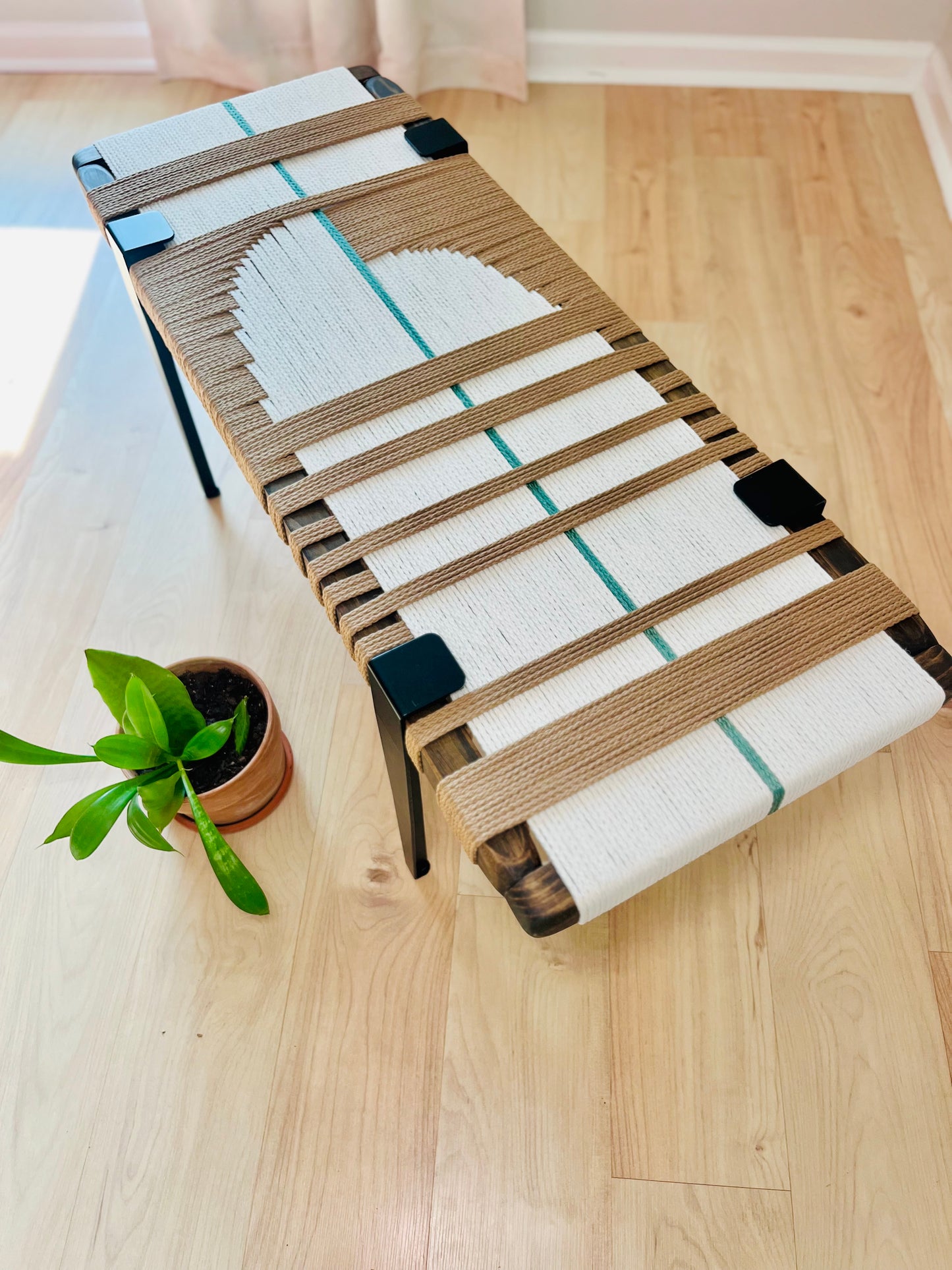 Mid Century Bench | Custom Size Woven Entryway Seating With Matte Black Legs