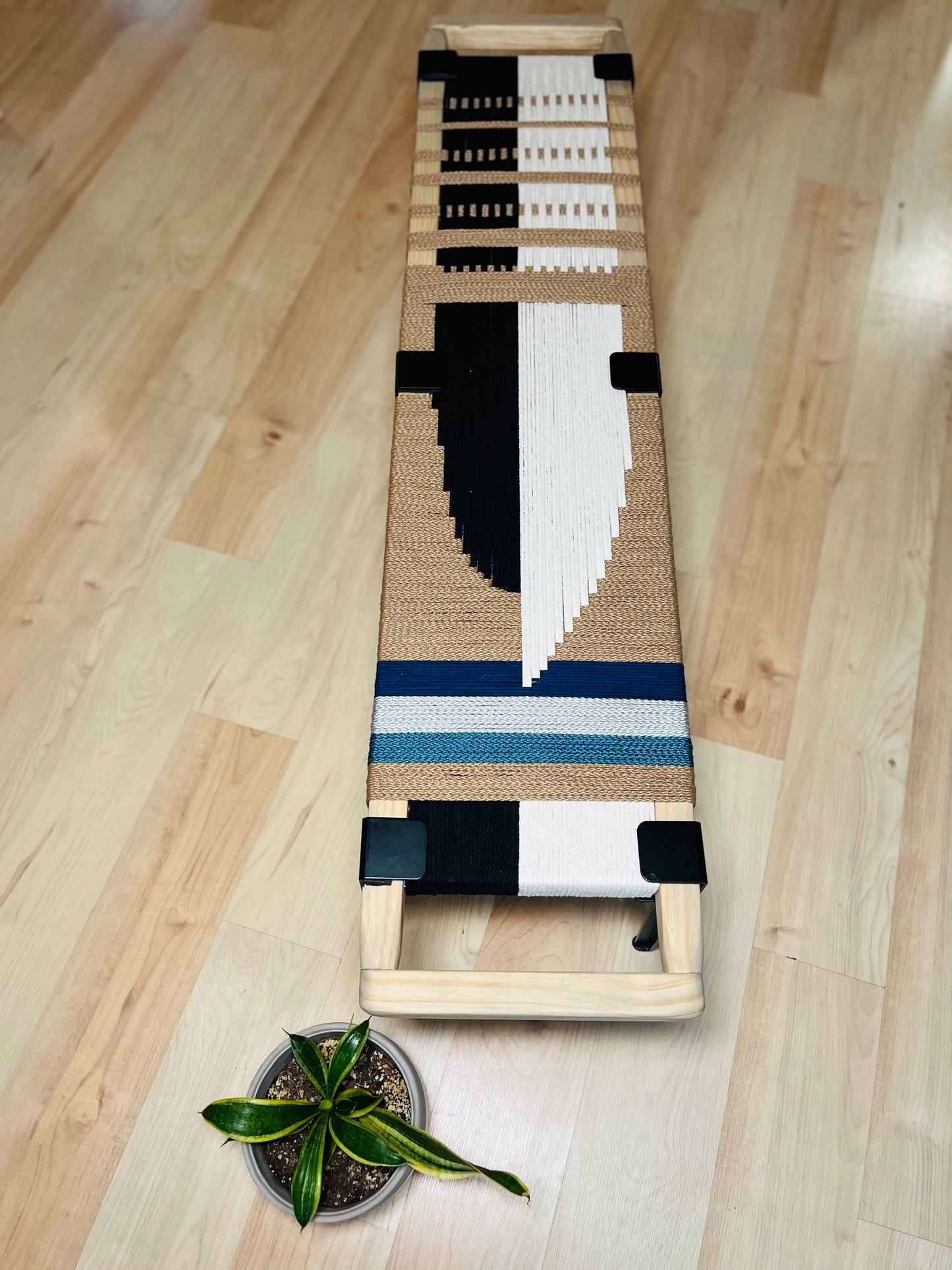 Mid Century Bench | Custom Size Woven Entryway Seating With Matte Black Legs
