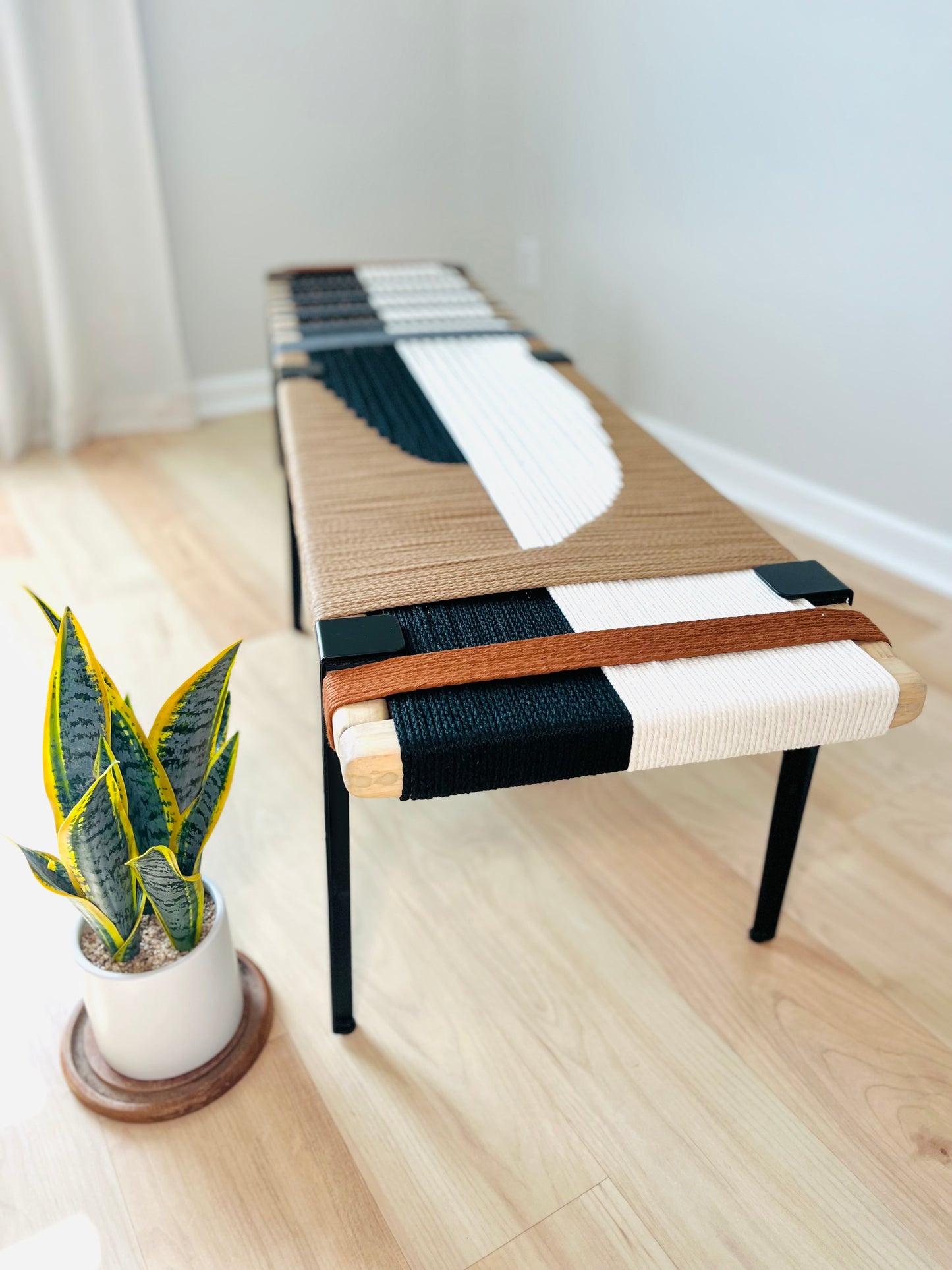 Mid Century Bench | Custom Size Woven Entryway Seating With Matte Black Legs