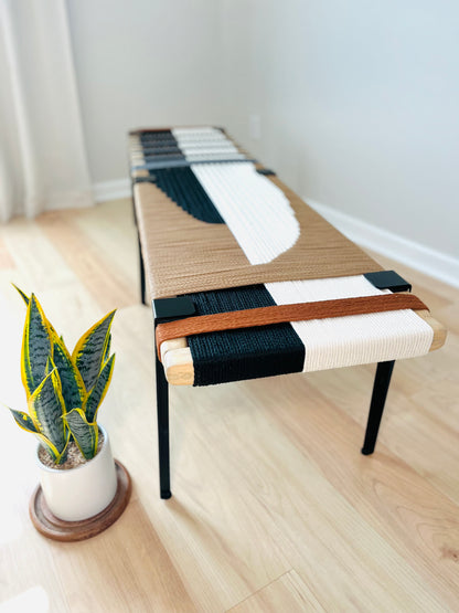 Mid Century Bench | Custom Size Woven Entryway Seating With Matte Black Legs