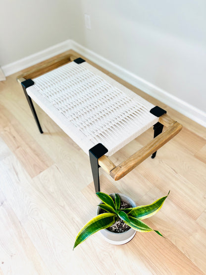 Mid Century Bench | Custom Size Woven Entryway Seating With Matte Black Legs