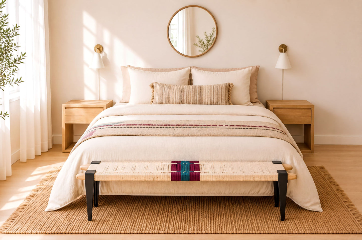 a serene and well-organized bedroom with a large bed, wooden nightstands, and a round mirror on the wall. The bed is dressed in a white comforter and has a colorful throw blanket on the bottom. The room has a warm, inviting atmosphere with a wooden floor and a rug.