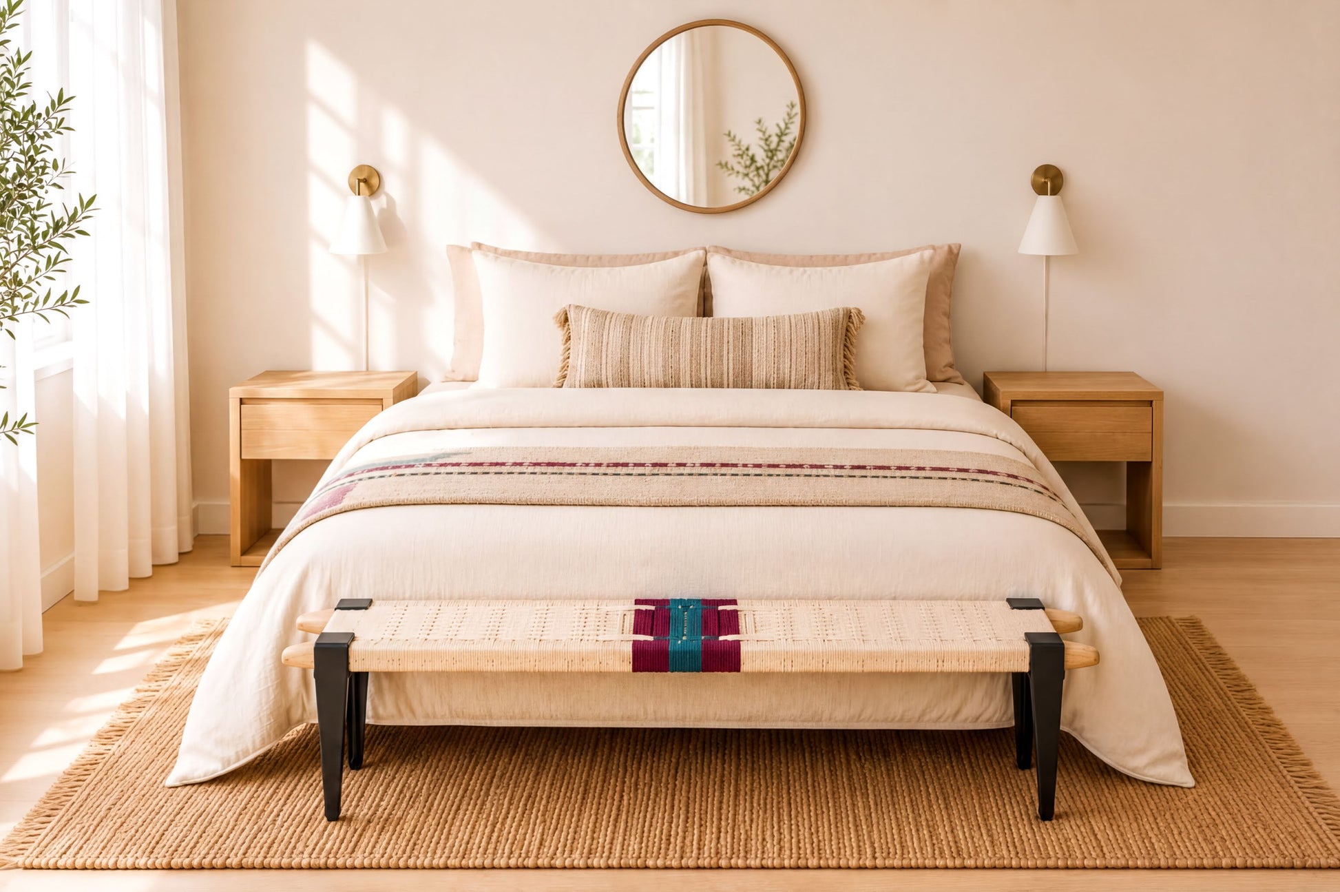 a serene and well-organized bedroom with a large bed, wooden nightstands, and a round mirror on the wall. The bed is dressed in a white comforter and has a colorful throw blanket on the bottom. The room has a warm, inviting atmosphere with a wooden floor and a rug.