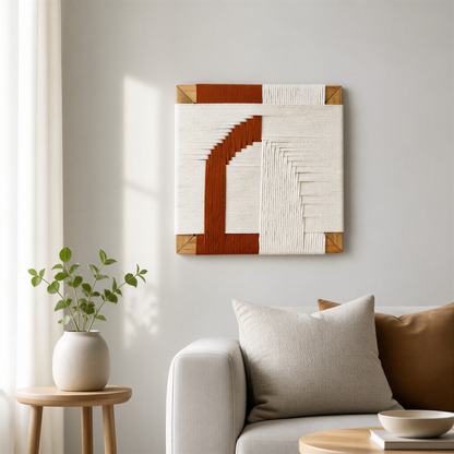a living room with a white sofa, a wooden side table with a plant, and a framed abstract artwork hanging on the wall above the sofa.