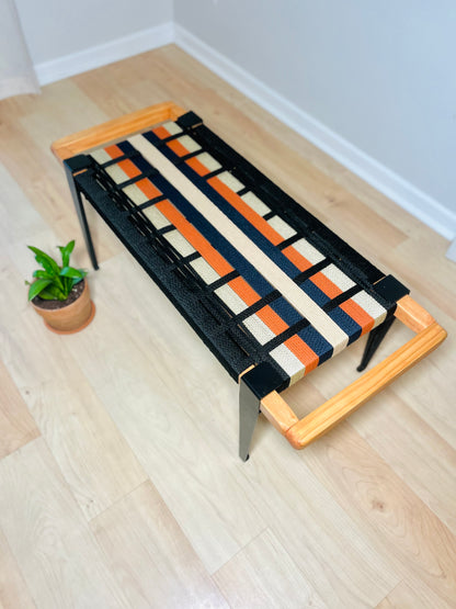 Mid Century Bench | Custom Size Woven Entryway Seating With Matte Black Legs