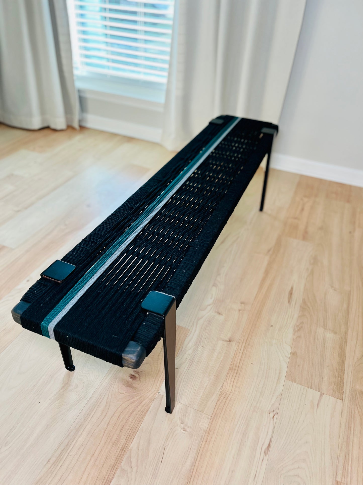 Mid Century Bench | Custom Size Woven Entryway Seating With Matte Black Legs