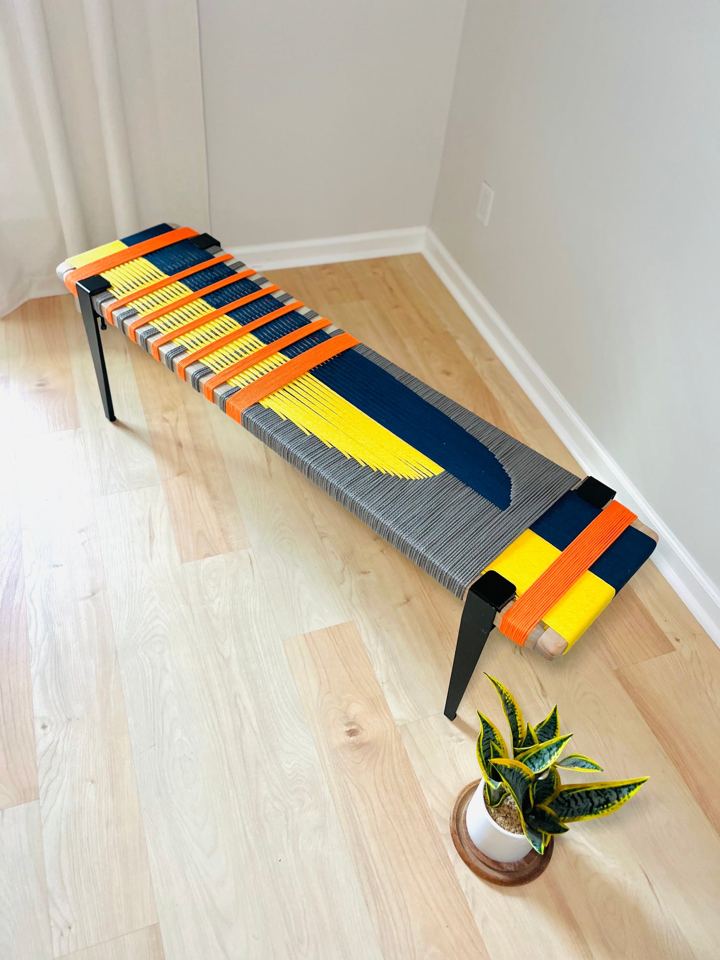 Mid Century Bench | Custom Size Woven Entryway Seating With Matte Black Legs