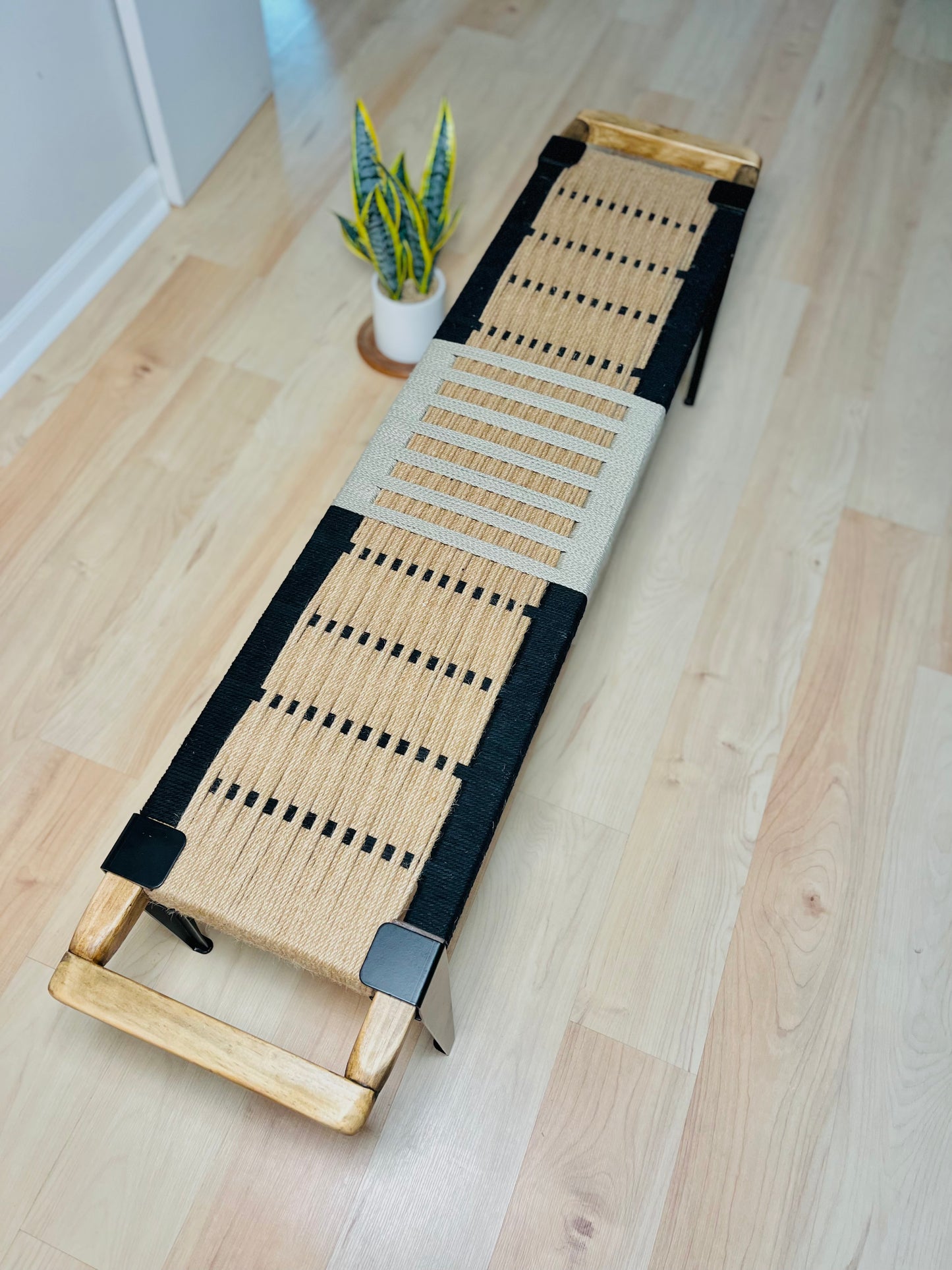 Mid Century Bench | Custom Size Woven Entryway Seating With Matte Black Legs