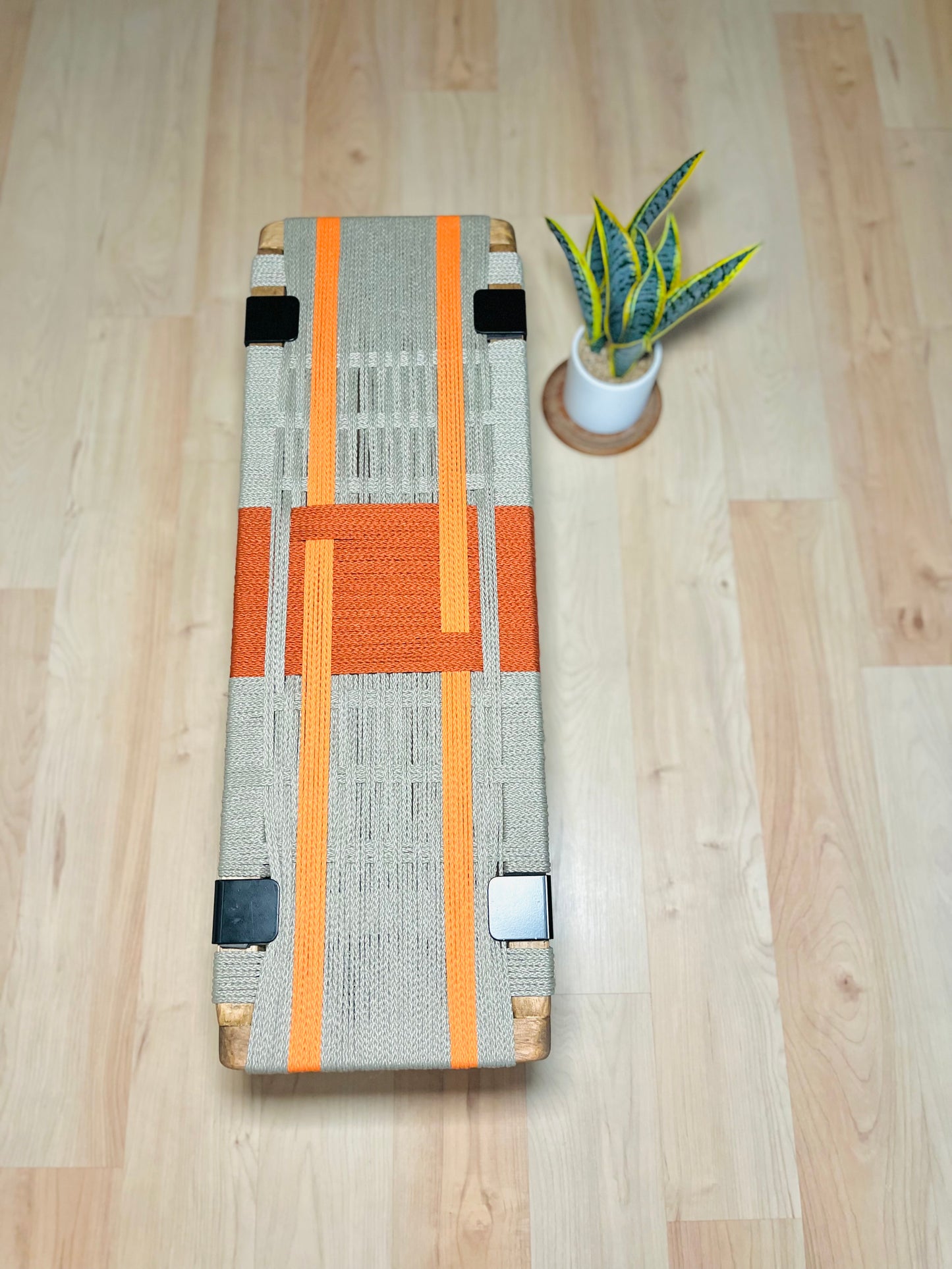 Mid Century Bench | Custom Size Woven Entryway Seating With Matte Black Legs