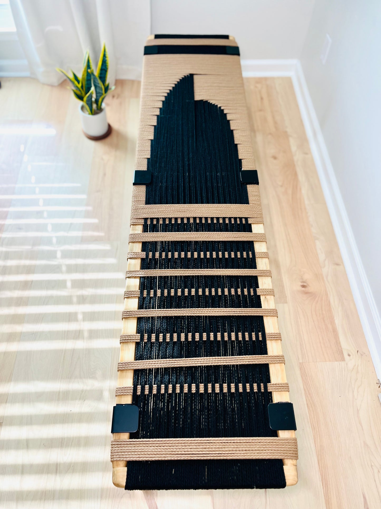 Mid Century Bench | Custom Size Woven Entryway Seating With Matte Black Legs