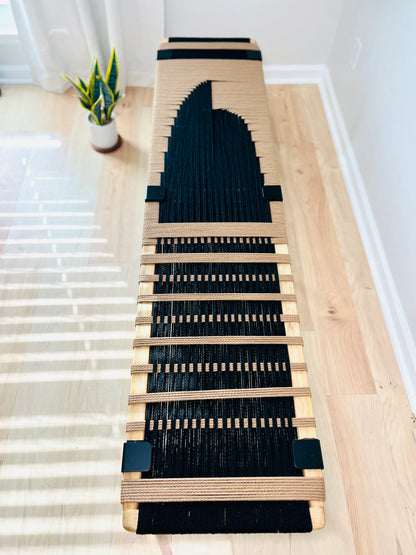 Mid Century Bench | Custom Size Woven Entryway Seating With Matte Black Legs