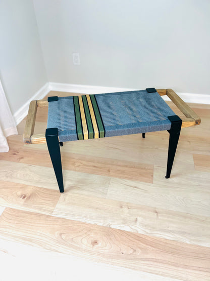 Mid Century Bench | Custom Size Woven Entryway Seating With Matte Black Legs