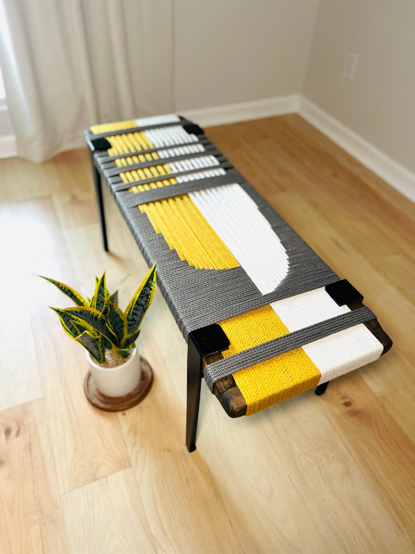 Mid Century Bench | Custom Size Woven Entryway Seating With Matte Black Legs