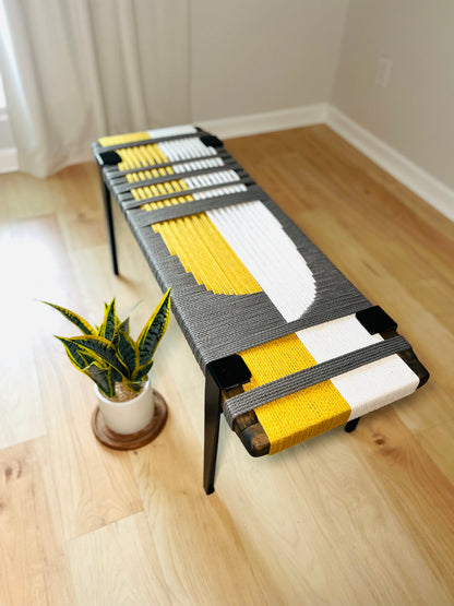 Mid Century Bench | Custom Size Woven Entryway Seating With Matte Black Legs