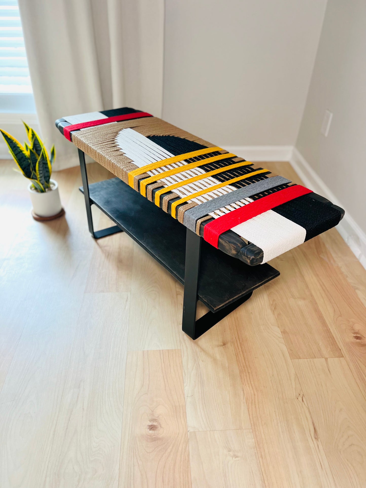 Mid Century Bench | Custom Size Woven Entryway Seating With Matte Black Legs