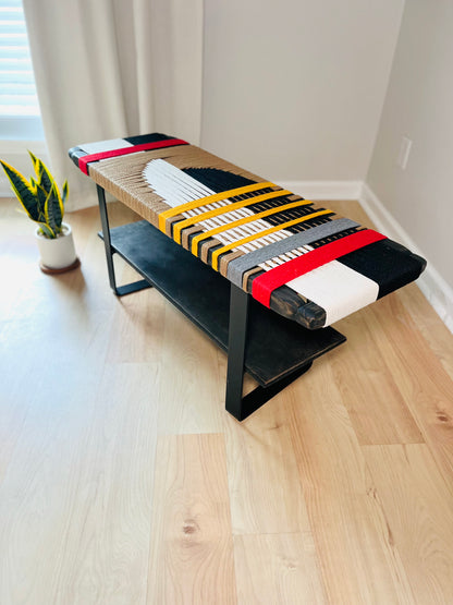 Mid Century Bench | Custom Size Woven Entryway Seating With Matte Black Legs