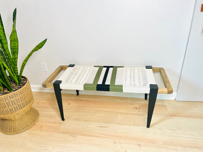Mid Century Bench | Custom Size Woven Entryway Seating With Matte Black Legs
