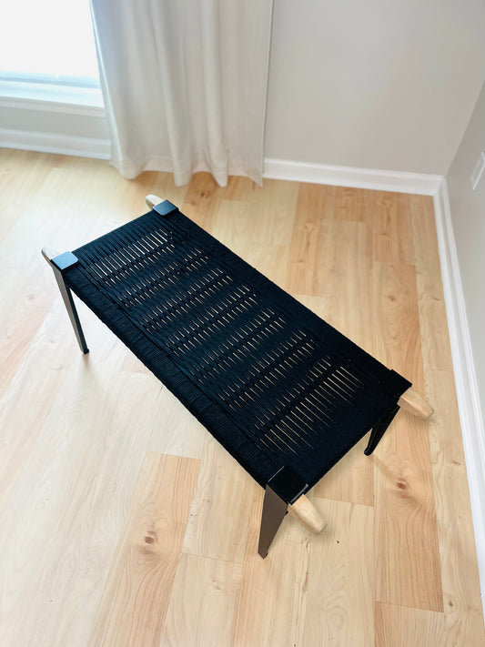 Mid Century Bench | Custom Size Woven Entryway Seating With Matte Black Legs
