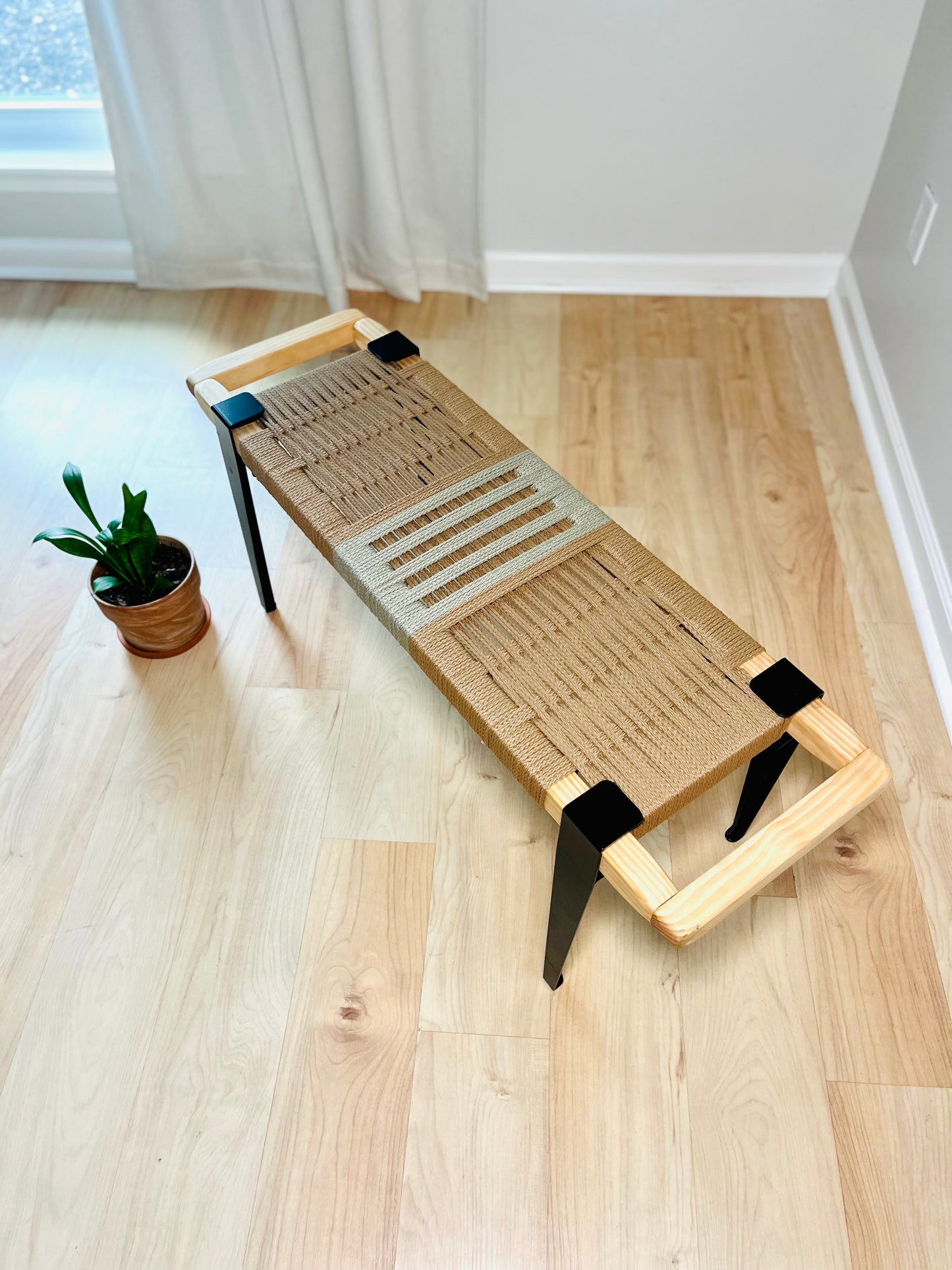 Mid Century Bench | Custom Size Woven Entryway Seating With Matte Black Legs