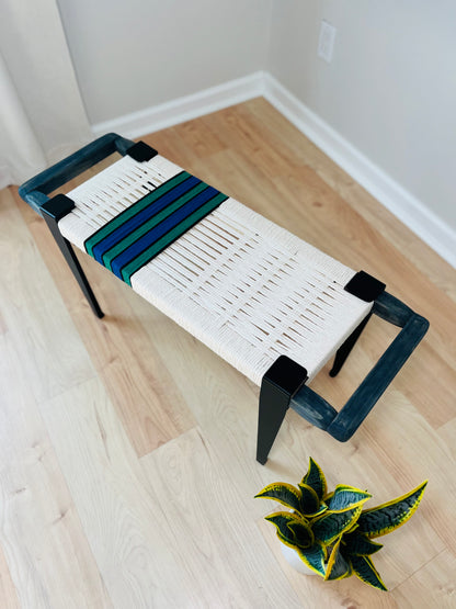 Mid Century Bench | Custom Size Woven Entryway Seating With Matte Black Legs