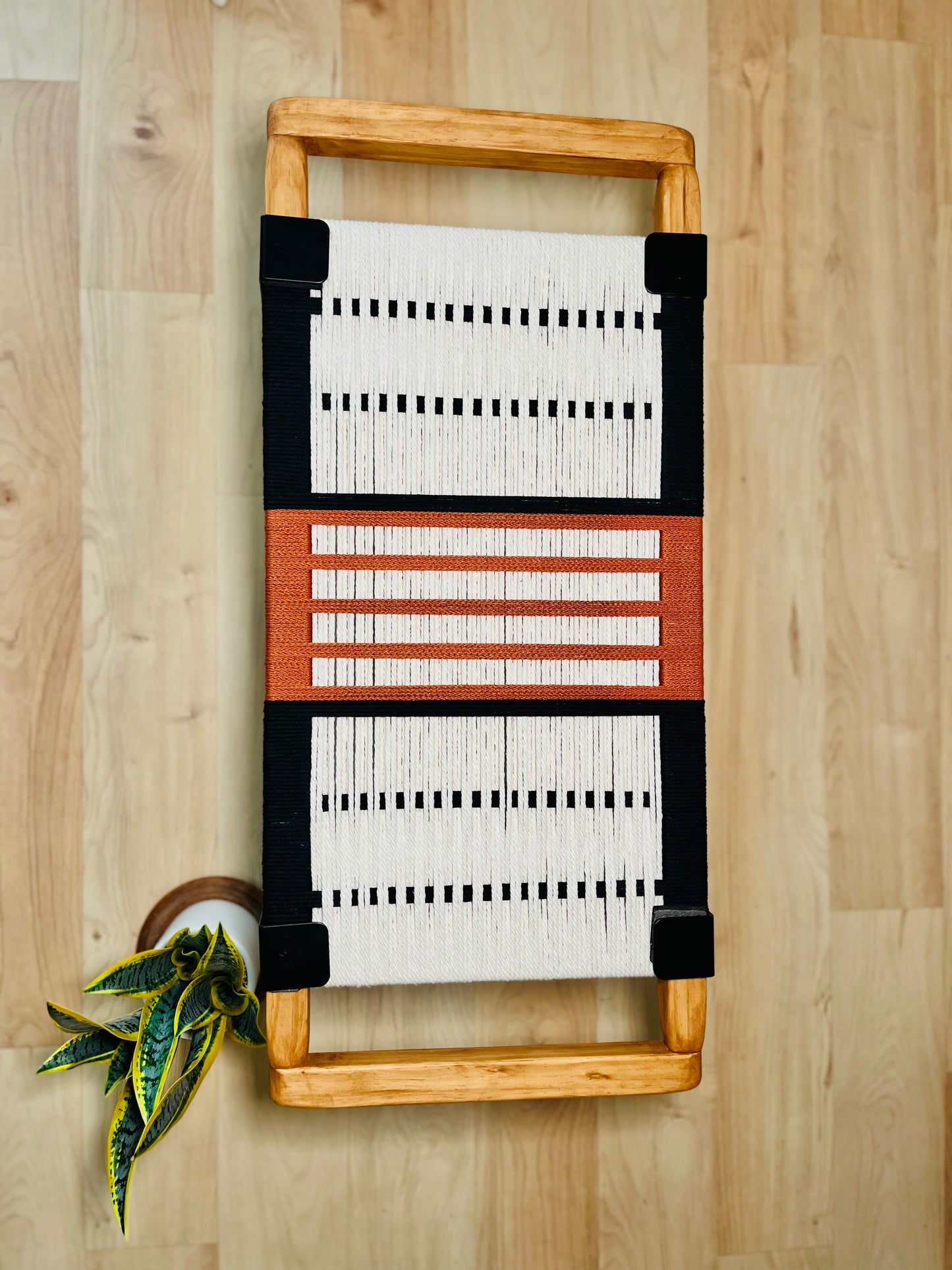 Mid Century Bench | Custom Size Woven Entryway Seating With Matte Black Legs