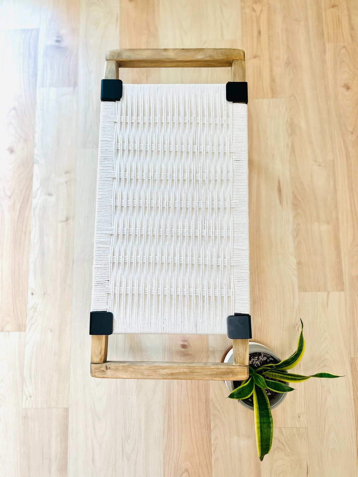 Mid Century Bench | Custom Size Woven Entryway Seating With Matte Black Legs