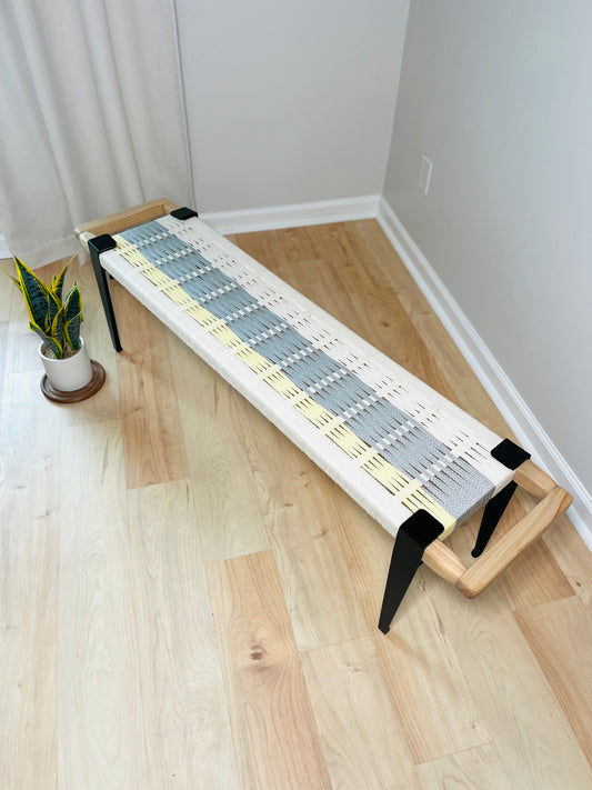 Mid Century Bench | Custom Size Woven Entryway Seating With Matte Black Legs