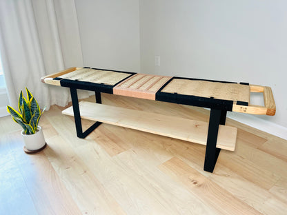 Mid Century Bench | Custom Size Woven Entryway Seating With Matte Black Legs