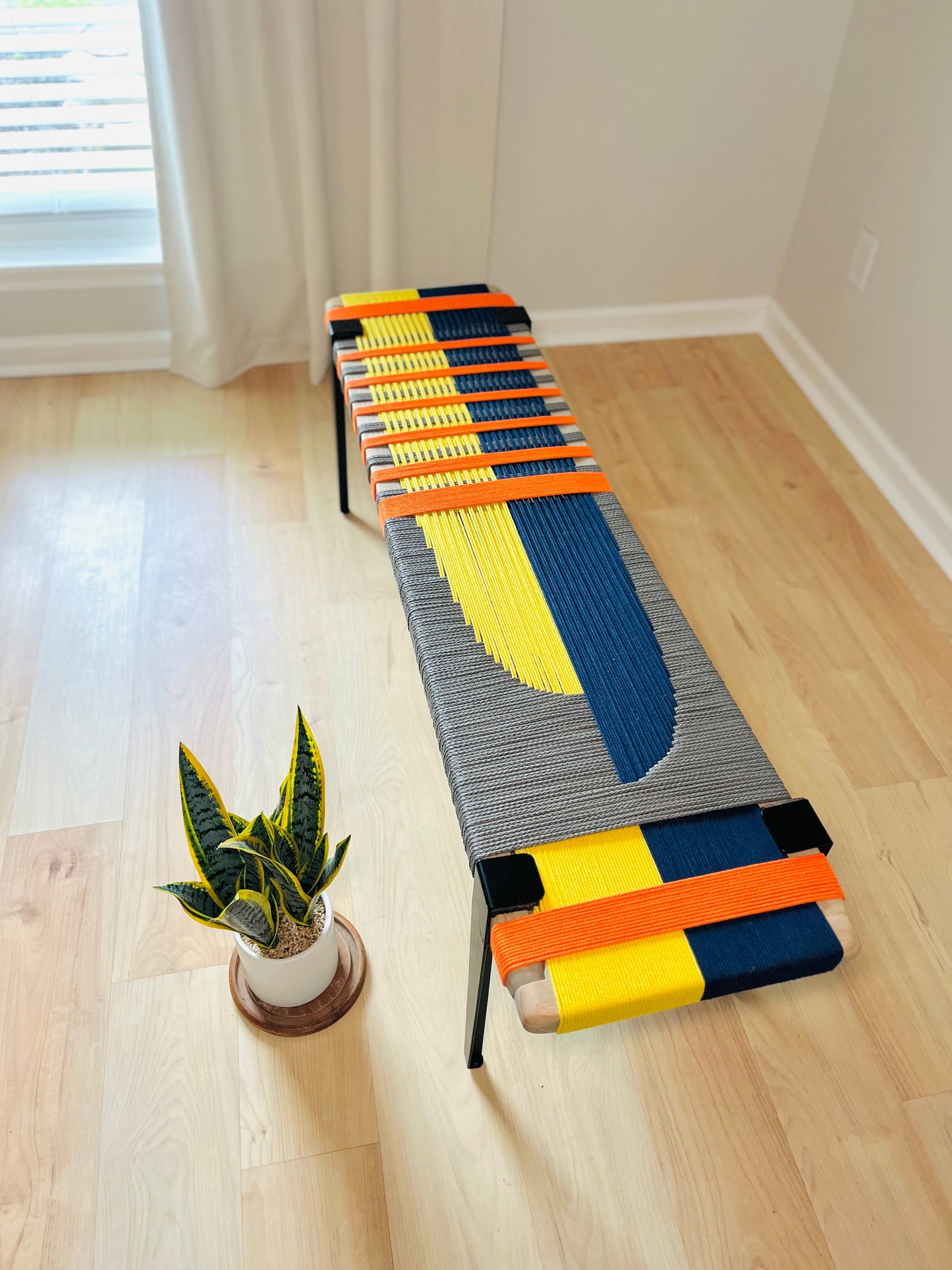 Mid Century Bench | Custom Size Woven Entryway Seating With Matte Black Legs