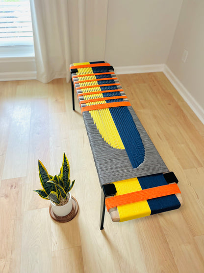 Mid Century Bench | Custom Size Woven Entryway Seating With Matte Black Legs