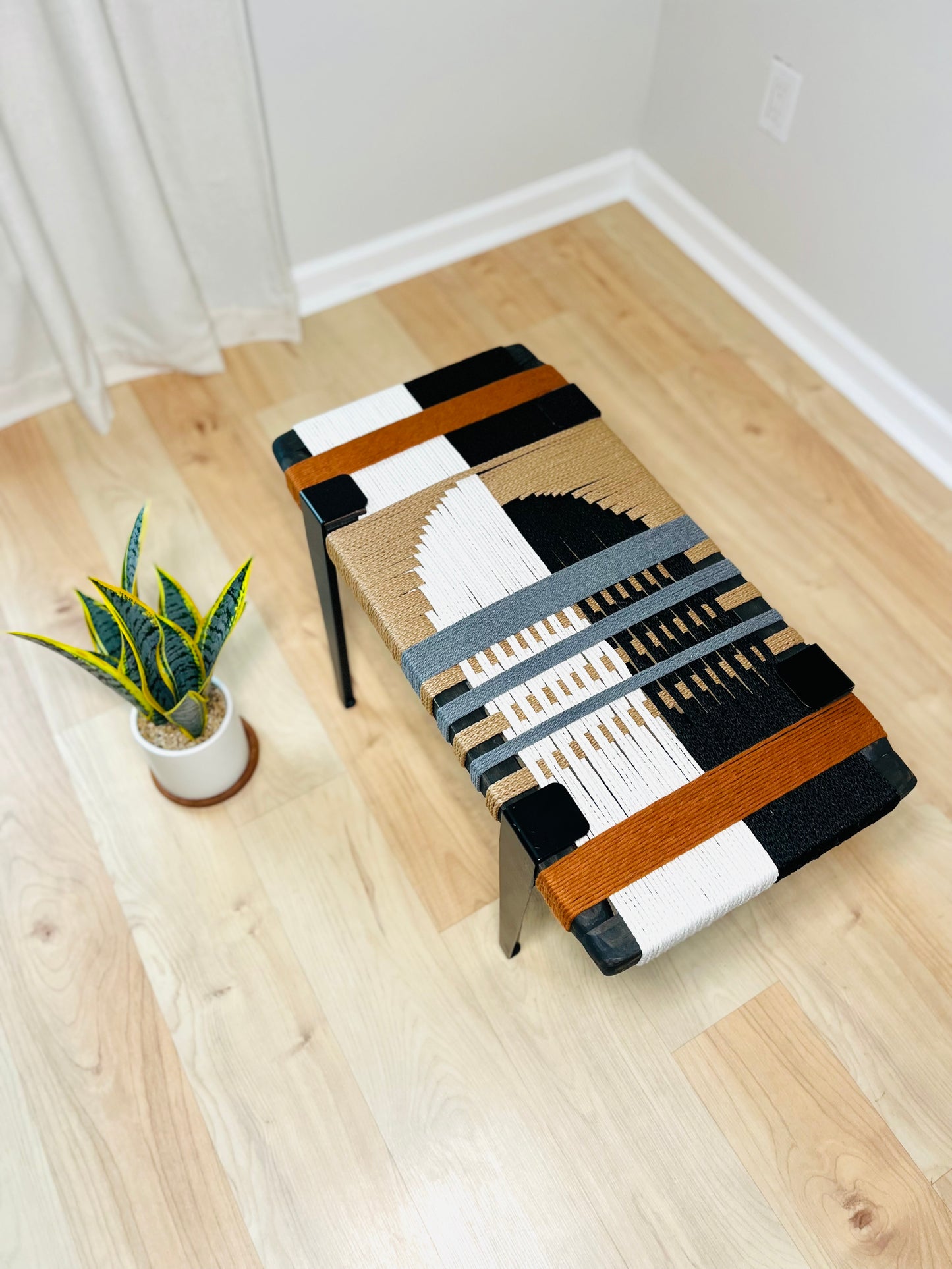 Mid Century Bench | Custom Size Woven Entryway Seating With Matte Black Legs
