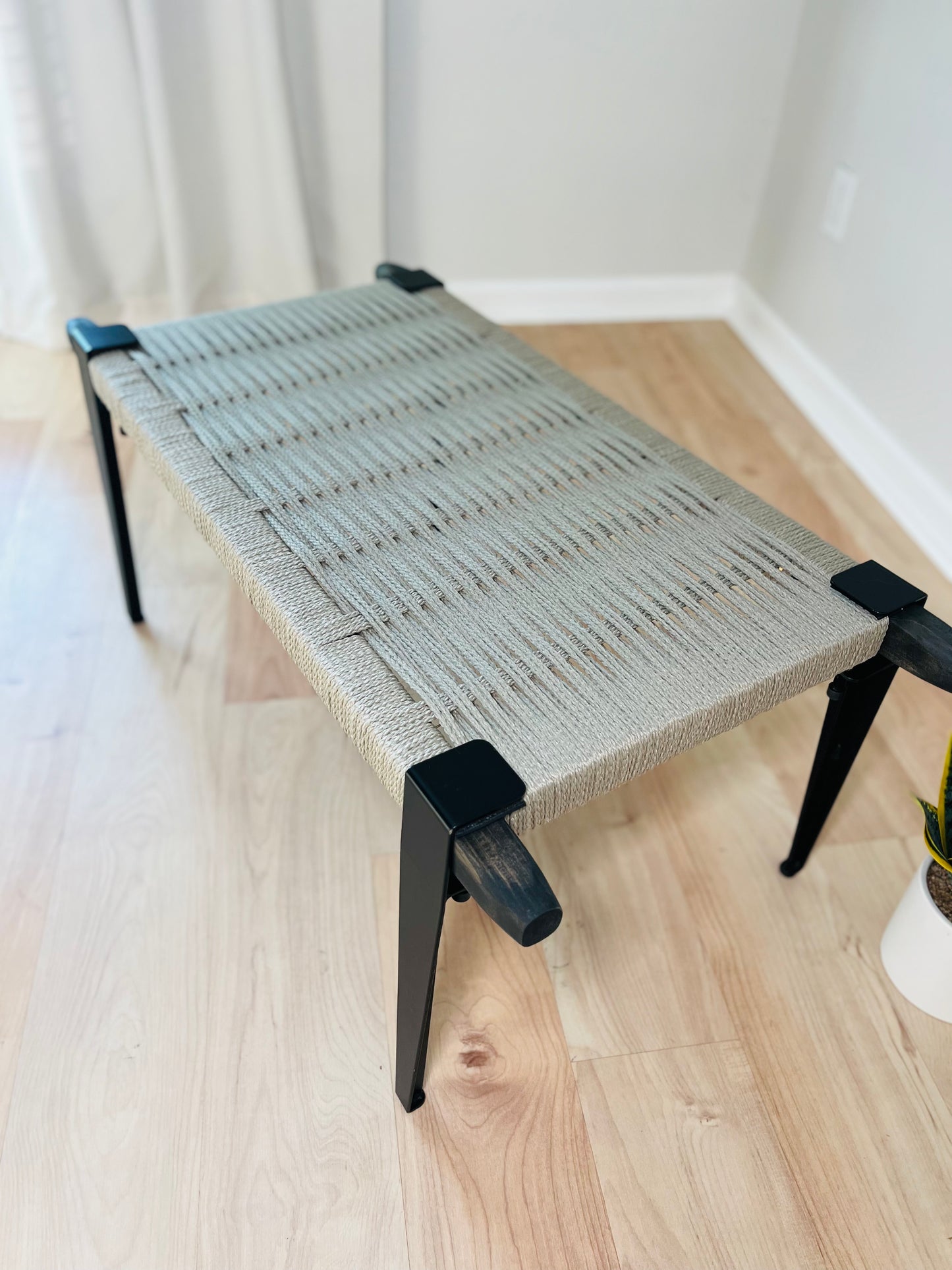 Mid Century Bench | Custom Size Woven Entryway Seating With Matte Black Legs