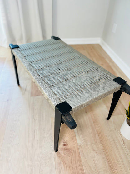 Mid Century Bench | Custom Size Woven Entryway Seating With Matte Black Legs
