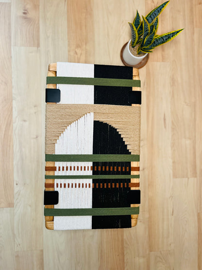 Mid Century Bench | Custom Size Woven Entryway Seating With Matte Black Legs