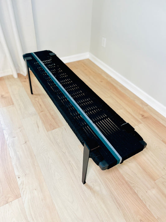 Mid Century Bench | Custom Size Woven Entryway Seating With Matte Black Legs