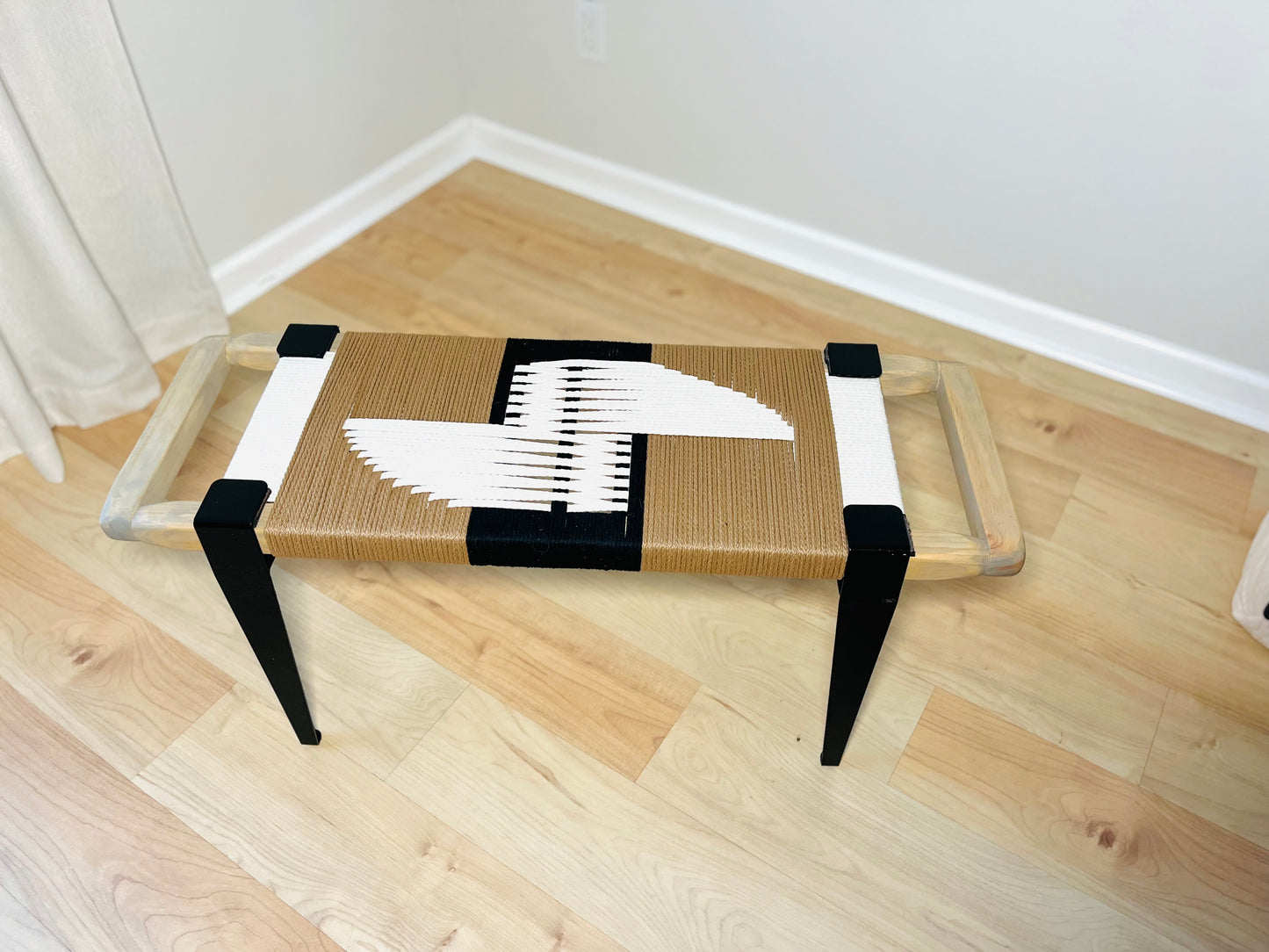 Mid Century Bench | Custom Size Woven Entryway Seating With Matte Black Legs