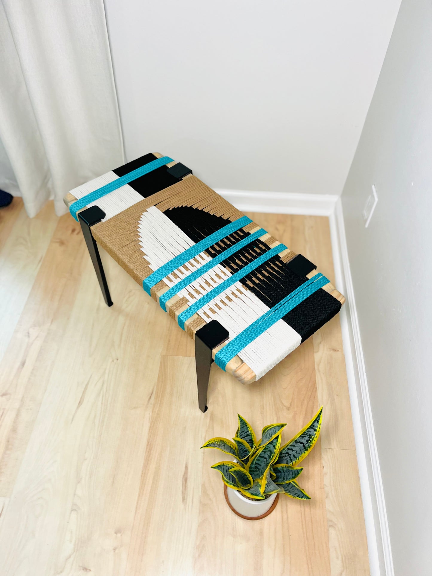 Mid Century Bench | Custom Size Woven Entryway Seating With Matte Black Legs
