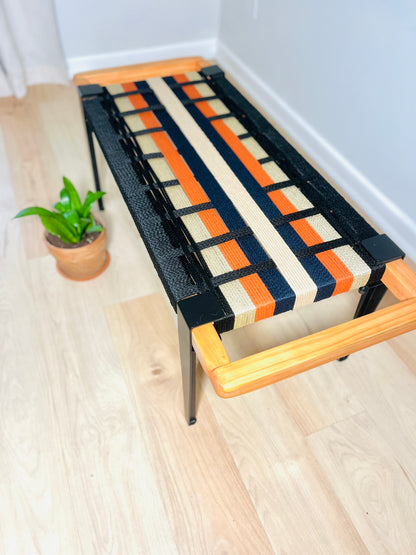 Mid Century Bench | Custom Size Woven Entryway Seating With Matte Black Legs