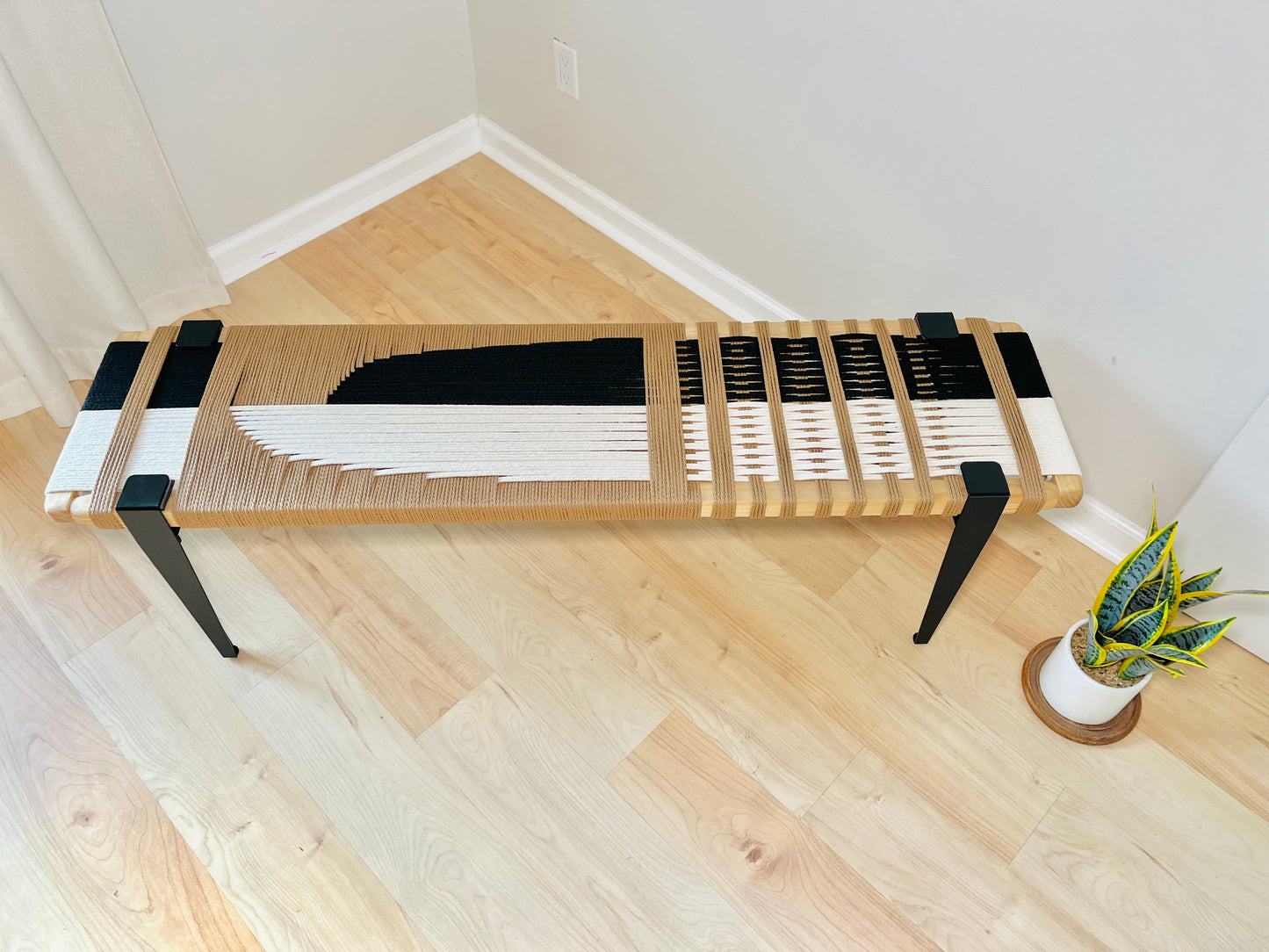 Mid Century Bench | Custom Size Woven Entryway Seating With Matte Black Legs