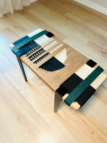 Mid Century Bench | Custom Size Woven Entryway Seating With Matte Black Legs