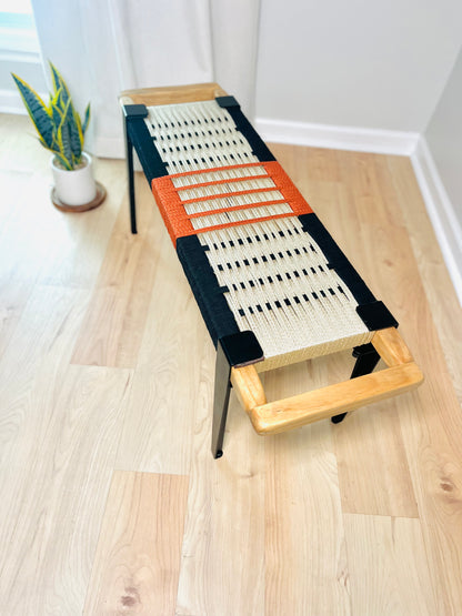 Mid Century Bench | Custom Size Woven Entryway Seating With Matte Black Legs