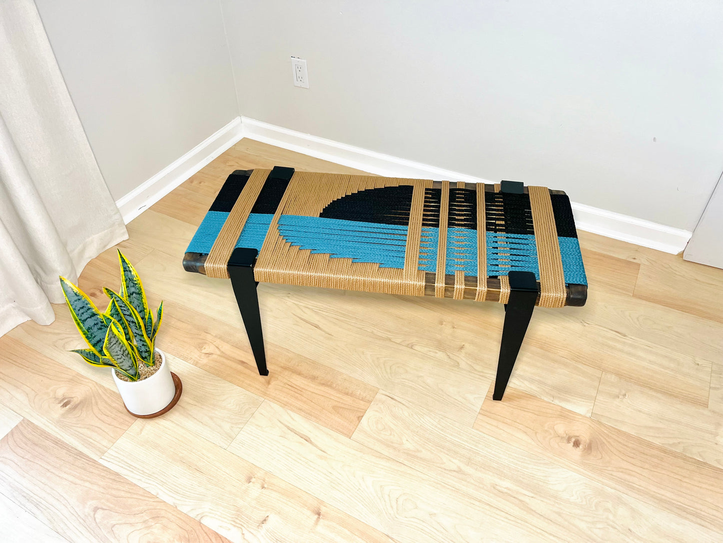 Mid Century Bench | Custom Size Woven Entryway Seating With Matte Black Legs