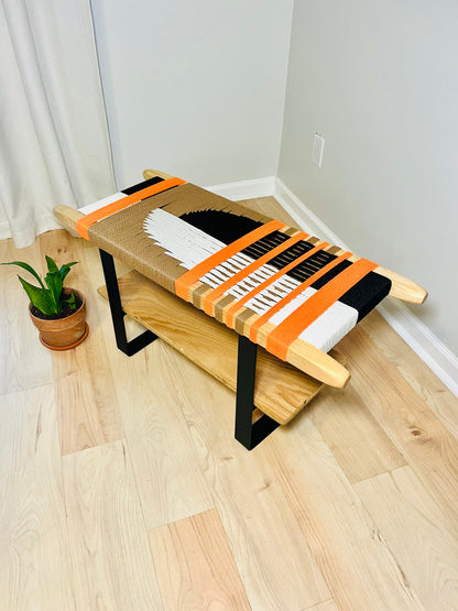 Mid Century Bench | Custom Size Woven Entryway Seating With Matte Black Legs