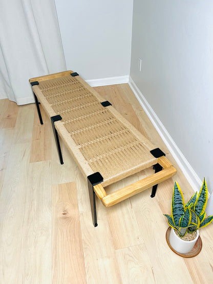 Mid Century Bench | Custom Size Woven Entryway Seating With Matte Black Legs