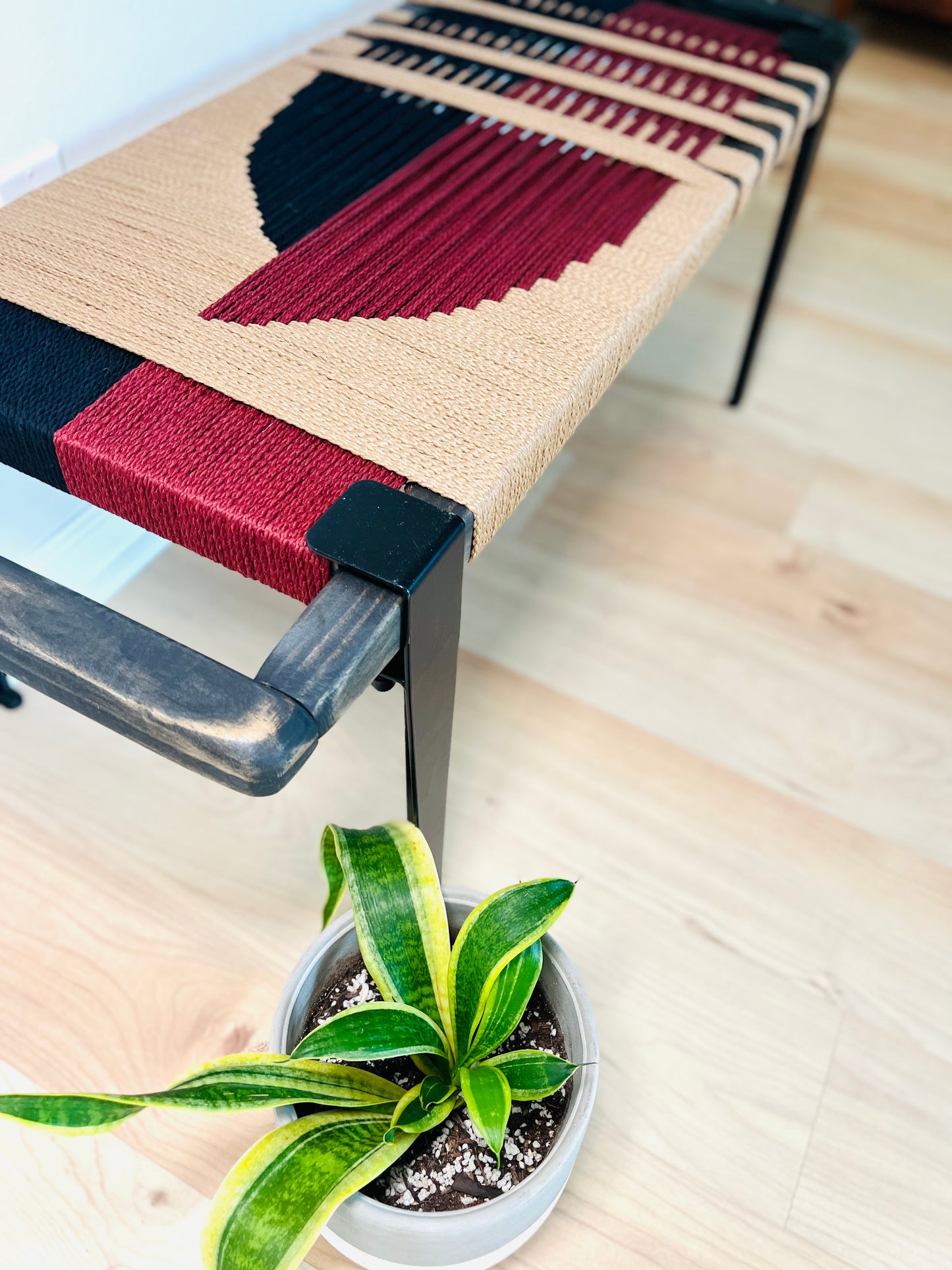 Mid Century Bench | Custom Size Woven Entryway Seating With Matte Black Legs