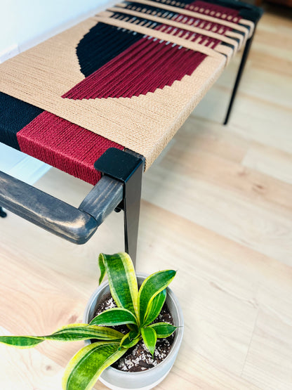 Mid Century Bench | Custom Size Woven Entryway Seating With Matte Black Legs